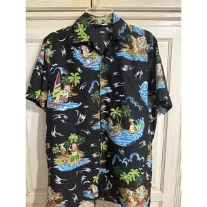 ALVISH SURFING SANTA Black Christmas Hawaiian  Button Up Shirt Men's Sz Sm